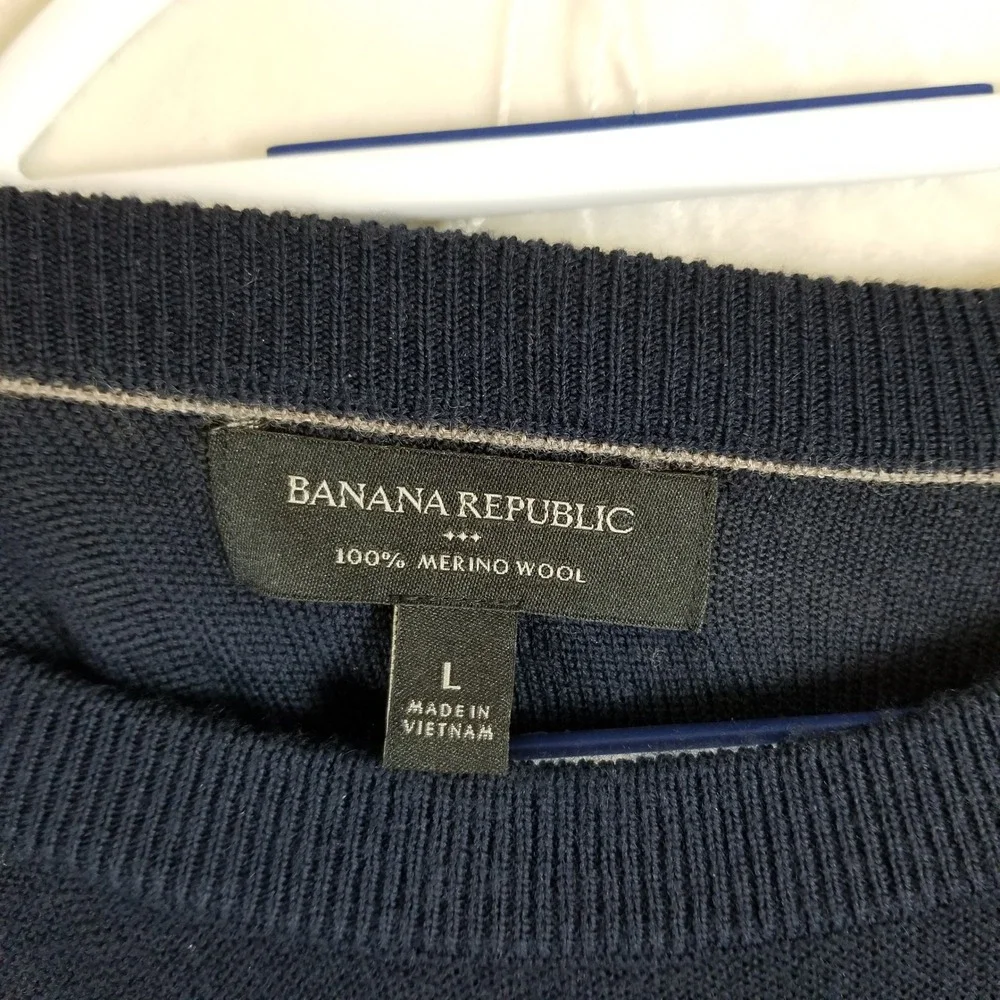 Banana Republic Sweater Mens Large Navy Rust Striped 100%‎ Merino Wool Pullover